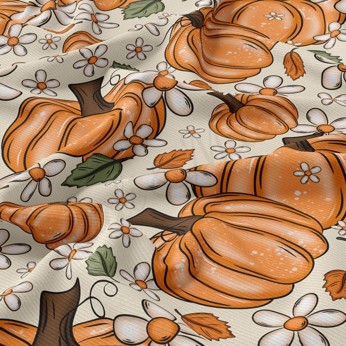 a repeating pattern of orange pumpkins and white flowers on a beige background.