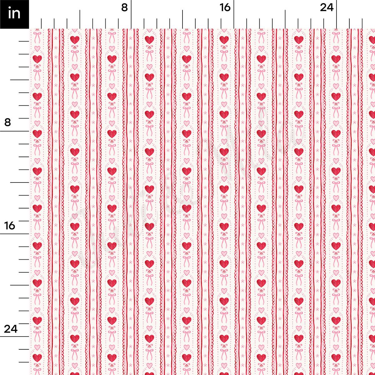 a repeating pattern of red heart and ribbon designs on a white background. The pattern is composed of vertical lines and horizontal lines, creating a rhythmic and visually appealing design. The image does not contain any text or additional objects, and the relative positions of the heart and ribbon designs remain consistent throughout the pattern.