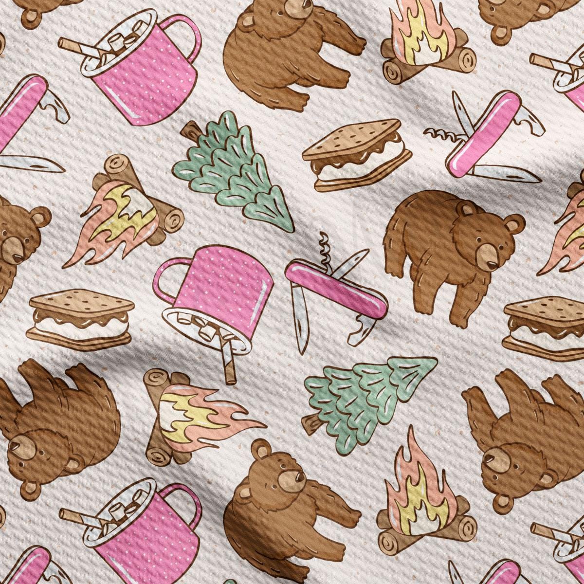 a pattern of brown teddy bears and other items on a white background