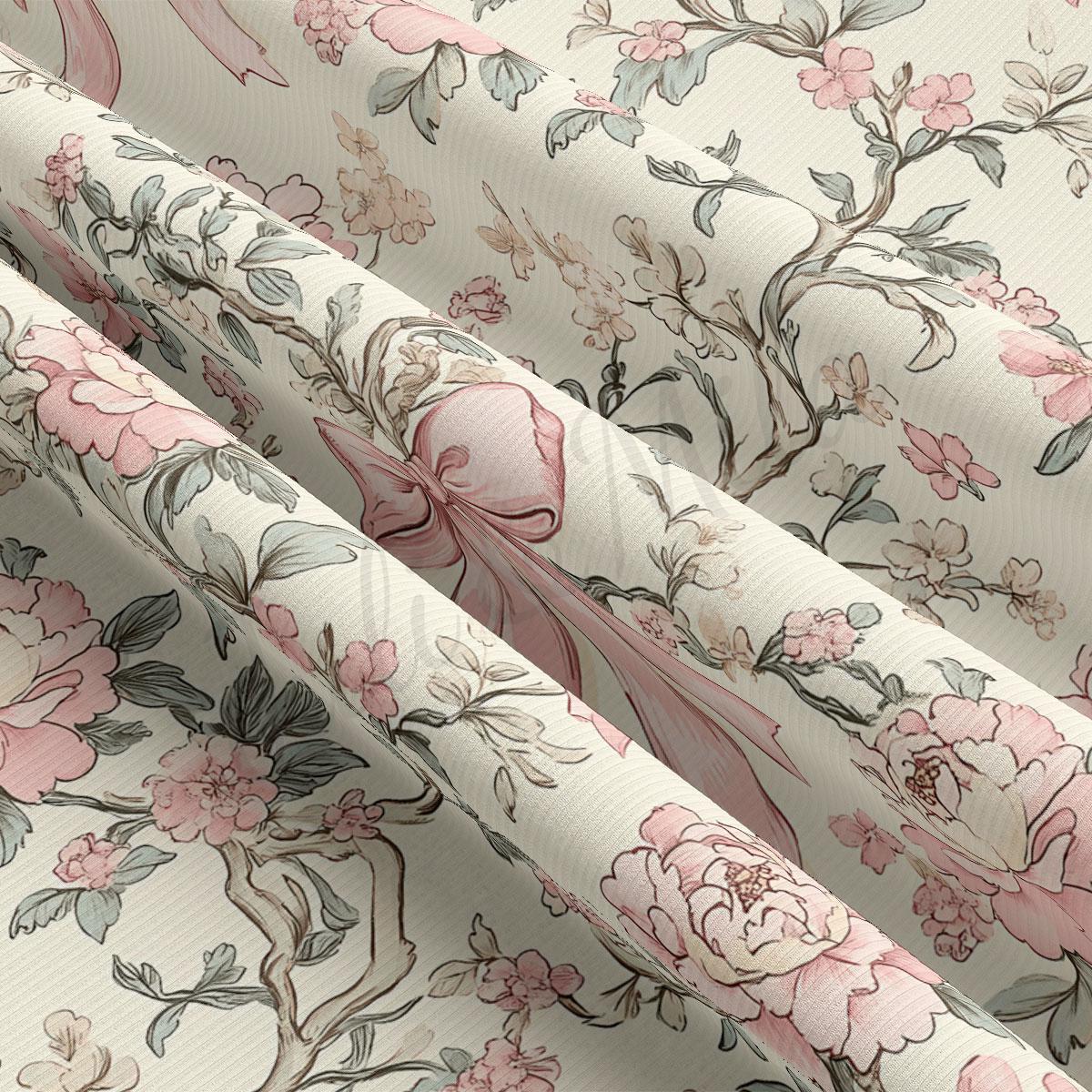 a close-up view of a fabric with a floral pattern, including pink flowers and leaves. The fabric appears to be folded or rolled, revealing the intricate design and texture of the floral pattern.