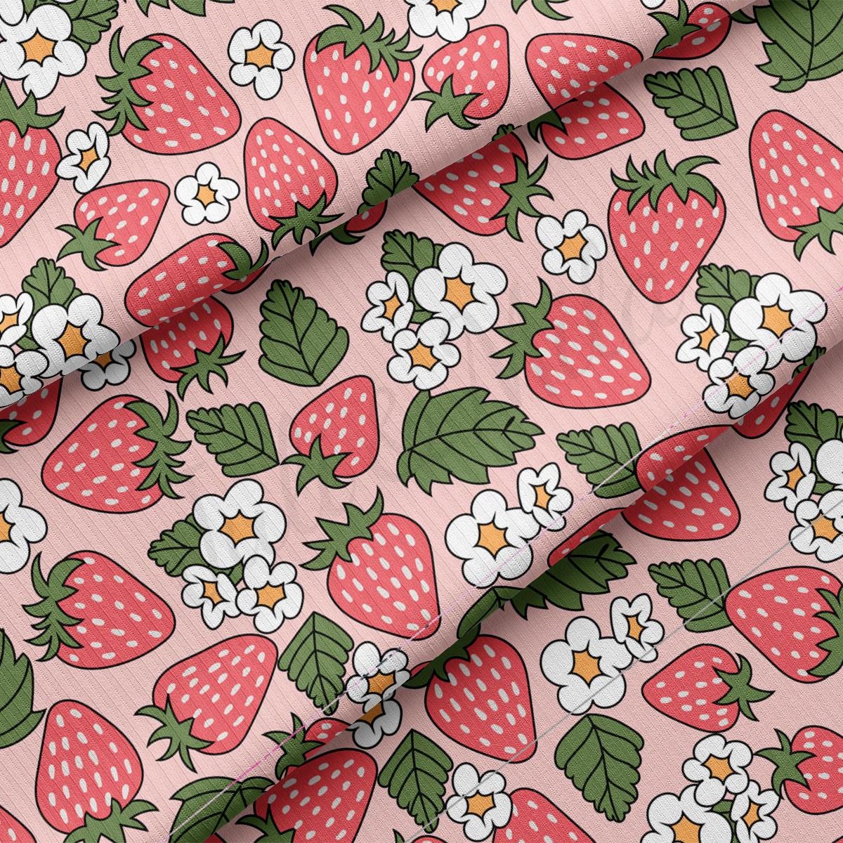 a pink background with strawberries and flowers