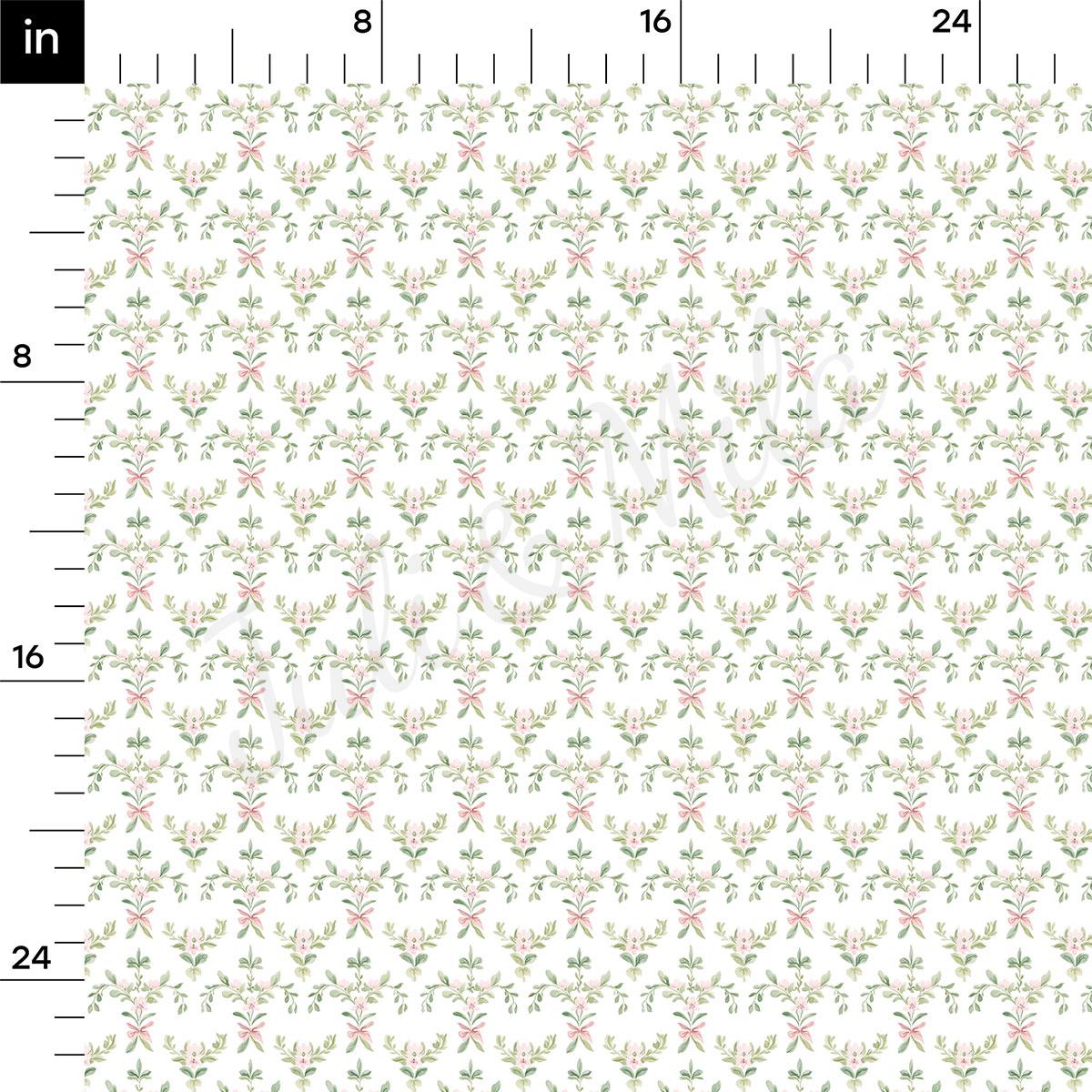 a repeating pattern of green and pink flowers on a white background. The pattern is arranged in a grid-like fashion, with each flower being a small, identical image. The image is not a photograph, but rather a digital illustration or pattern.
