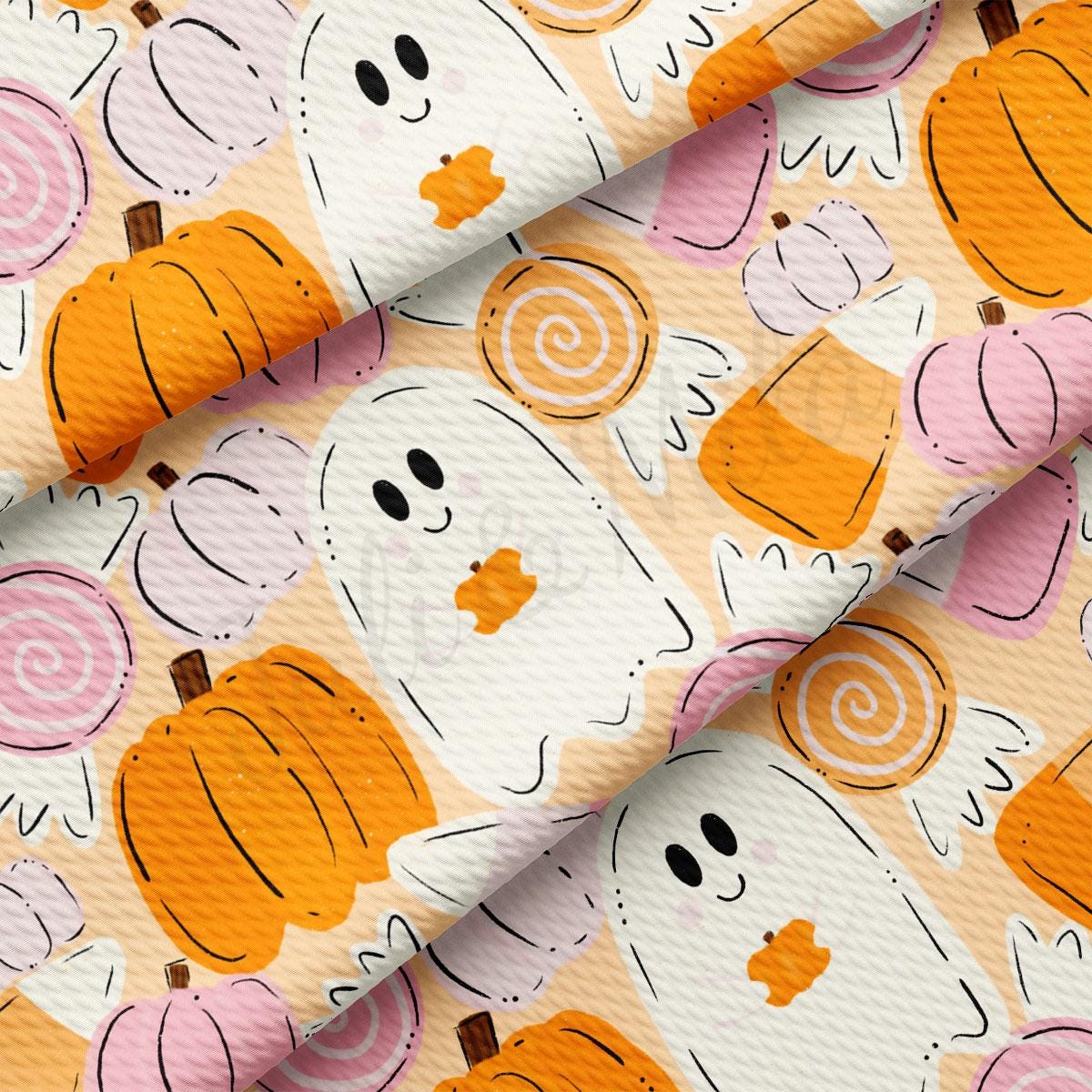 a repeating pattern of Halloween-themed elements, including pumpkins, candy canes, and ghostly figures.