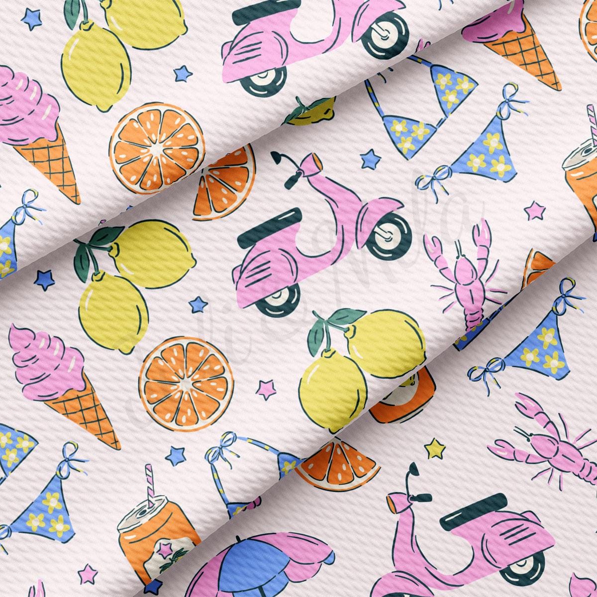 a white background with a pattern of oranges, lemons, and ice cream