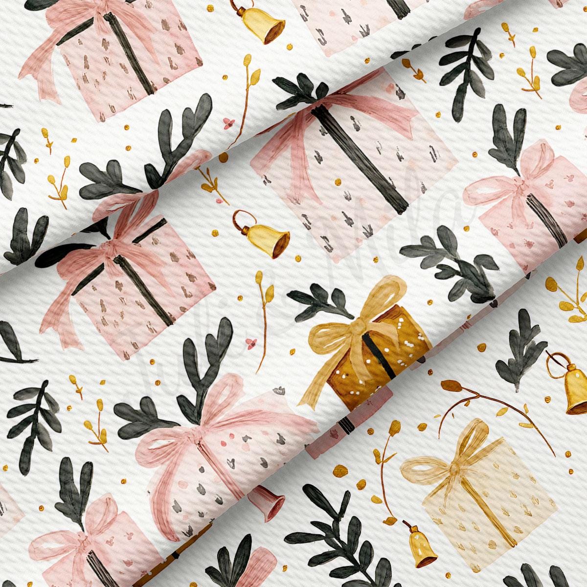a repeating pattern of pink gift boxes, leaves, and bells on a white background.
