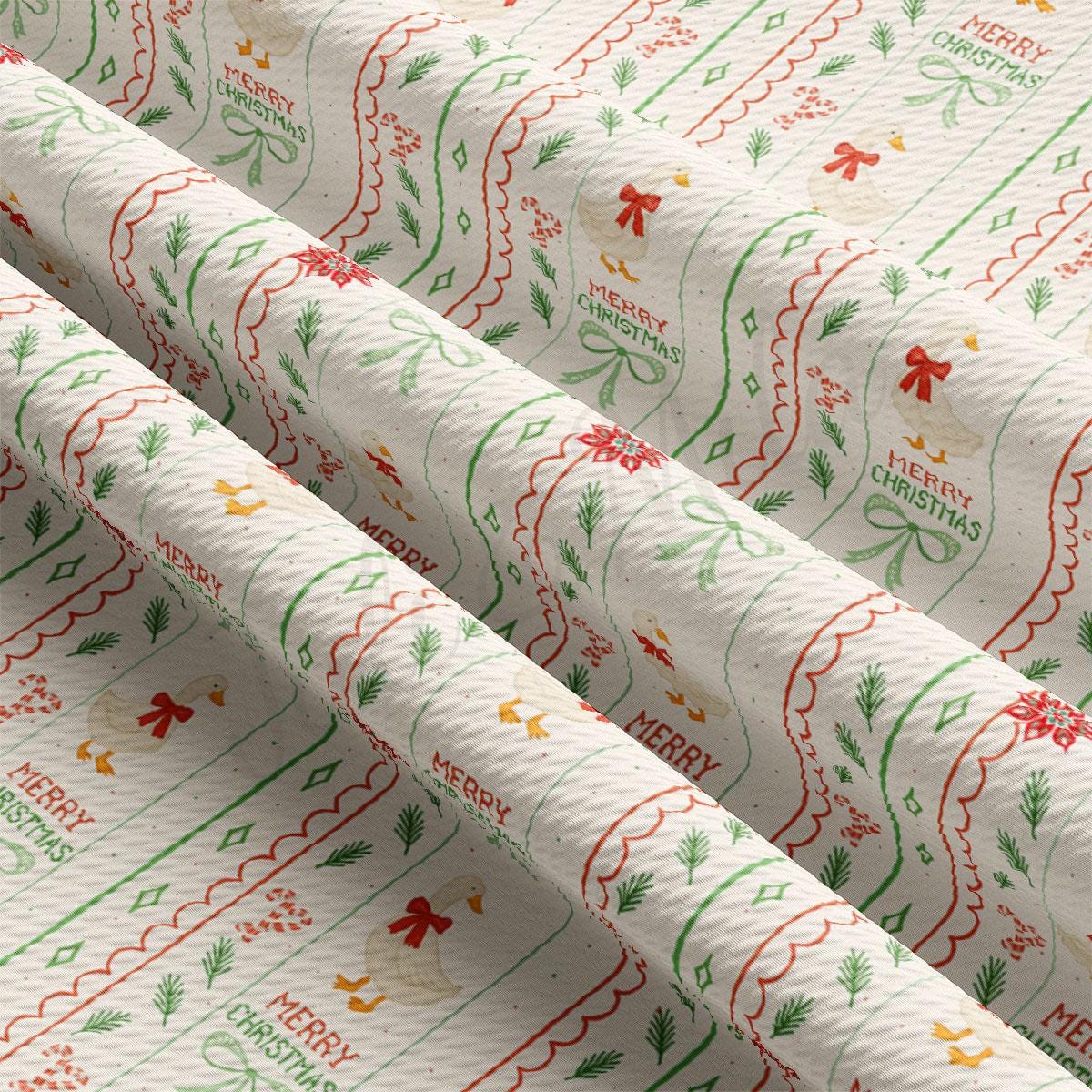 a fabric with a repeating pattern of Christmas-themed designs, including red bows, green leaves, and other festive elements. The pattern is predominantly white, with occasional red and green accents. The text "Merry Christmas" is visible on the fabric, indicating the holiday theme.