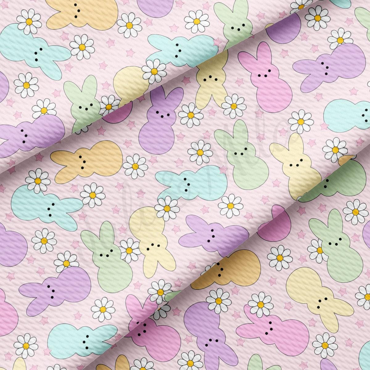 a pink background with a pattern of rabbits and daisies