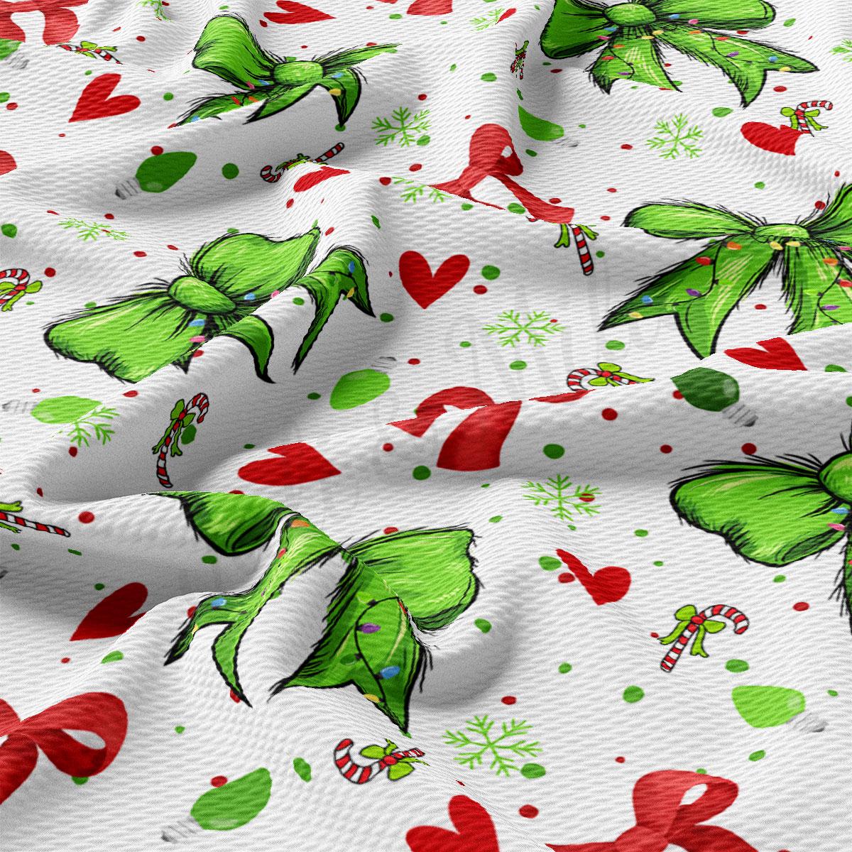 a festive pattern with green and red elements, including bows, hearts, snowflakes, and candy canes. The pattern appears to be a collage of multiple images, and the text is minimalistic and avoids redundancy.