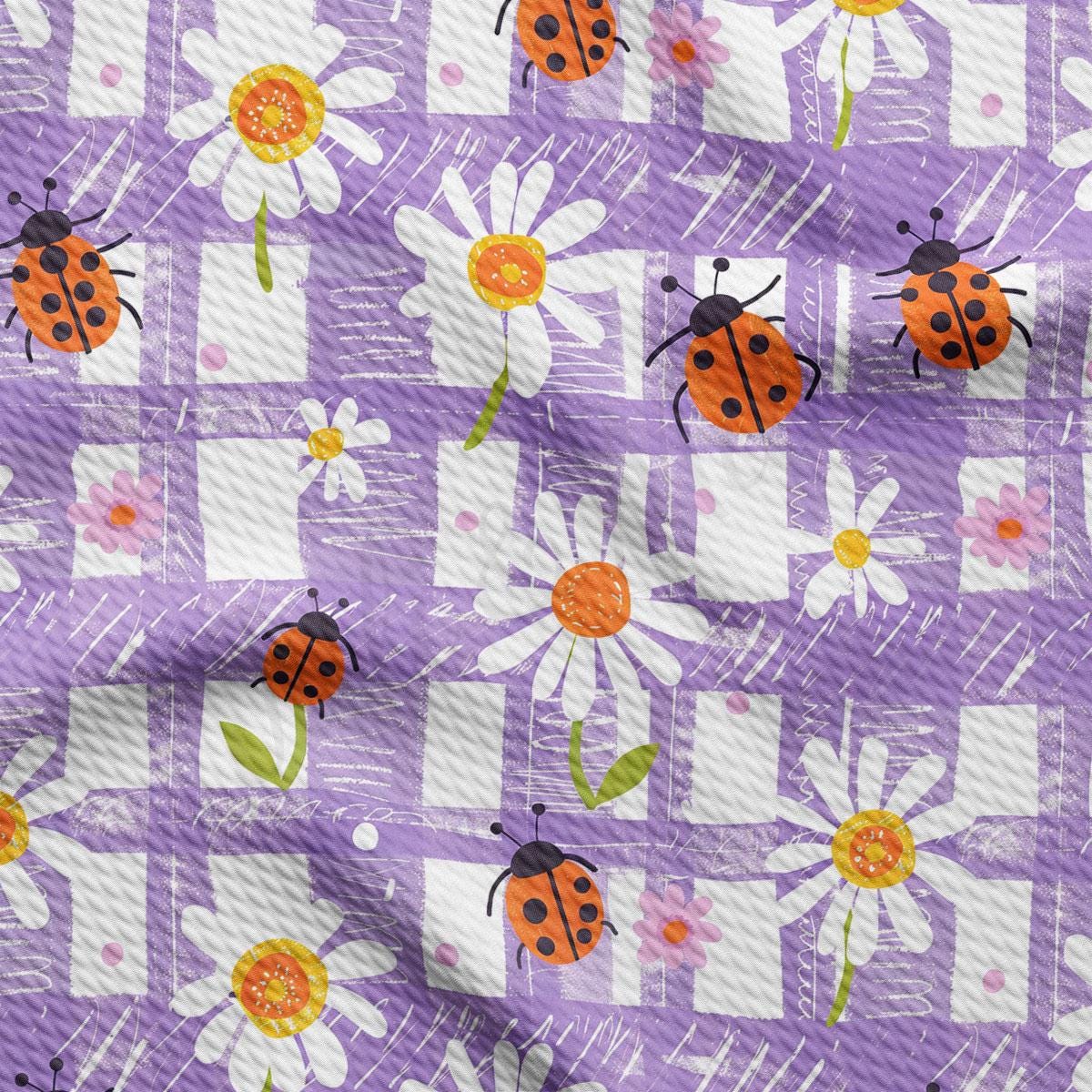 a pattern of ladybugs and daisies on a purple background