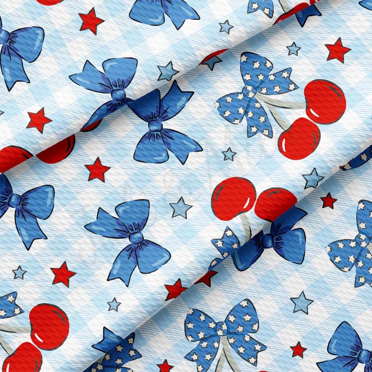 a blue and white background with red, white, and blue bows