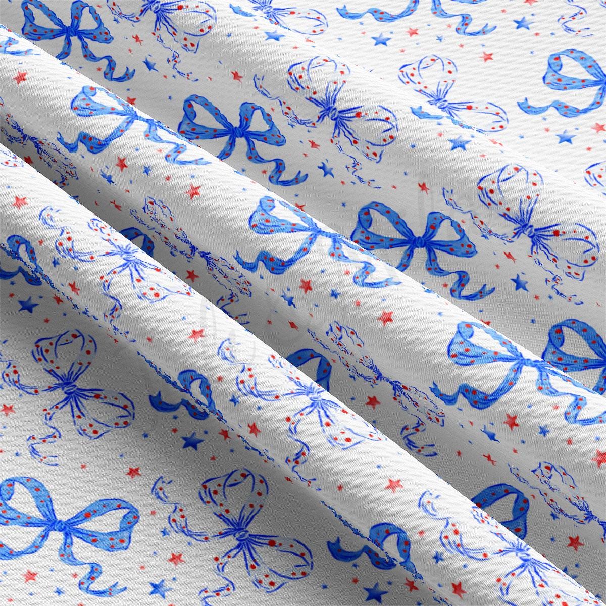 a white background with blue and red bows and stars