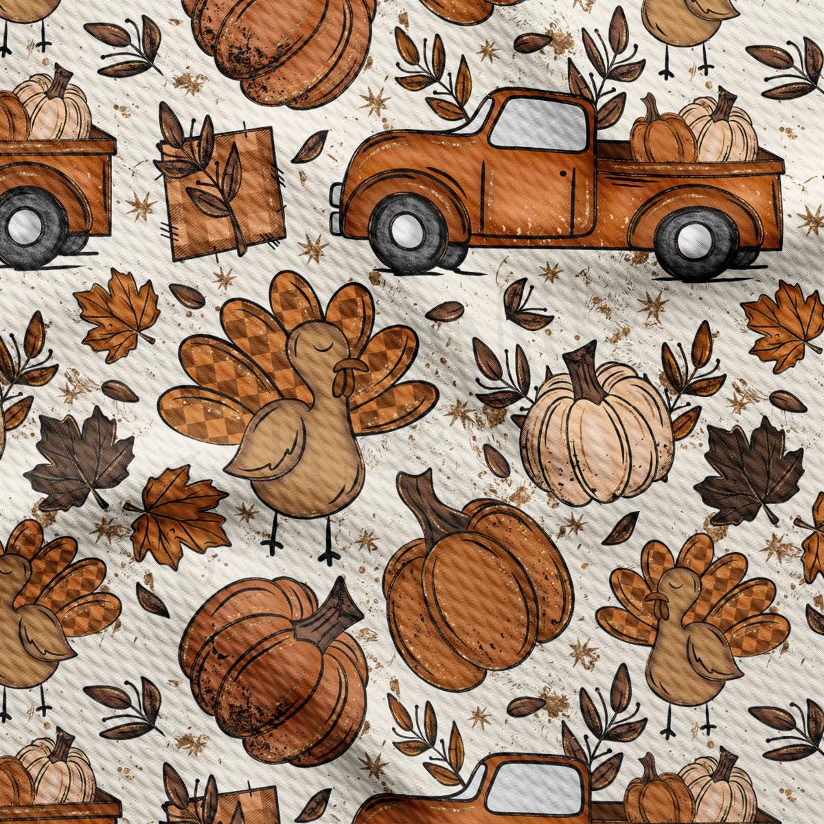 The image is a repeating pattern of various autumn-themed elements, including turkeys, pumpkins, leaves, and a truck.