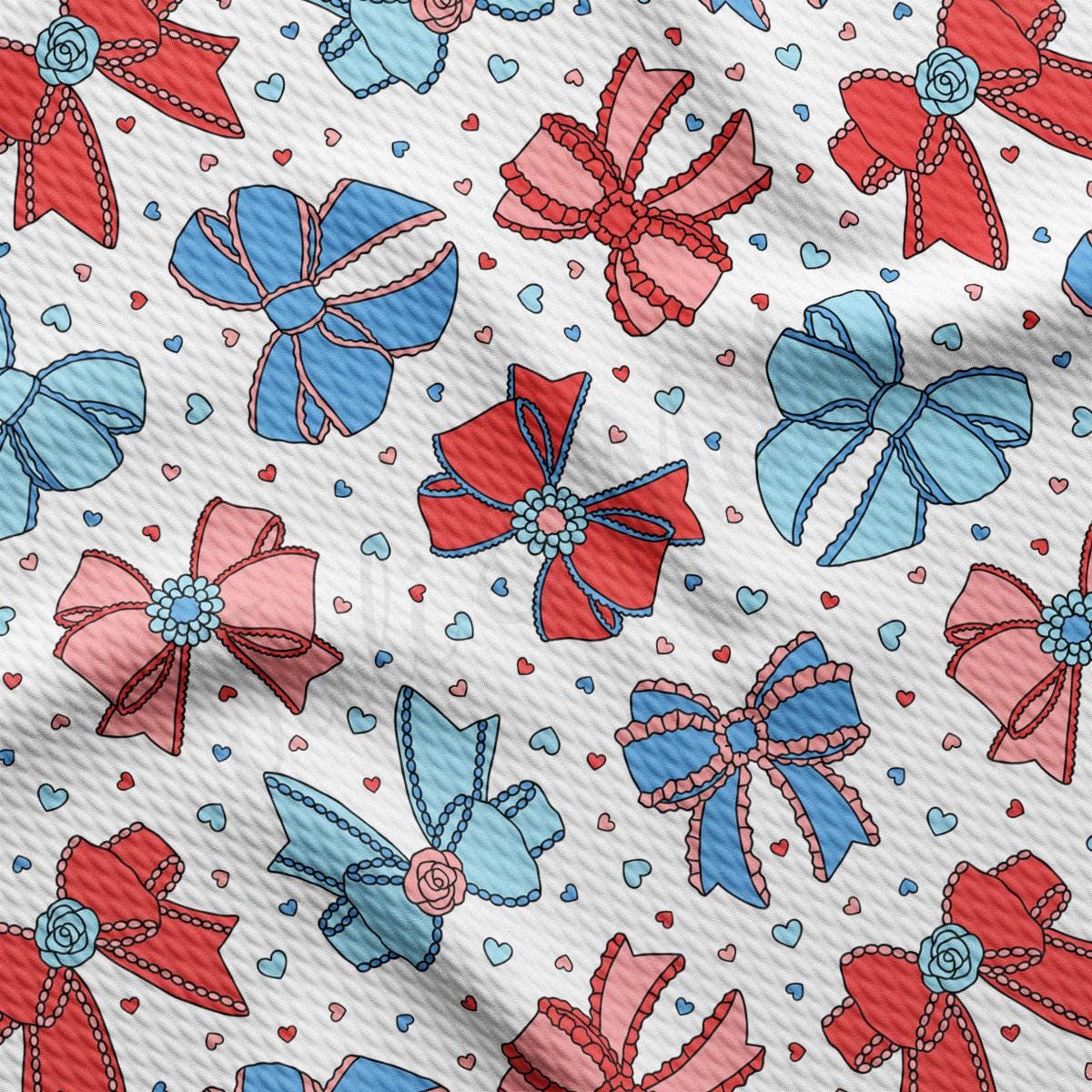 a white background with red, blue, and pink bows