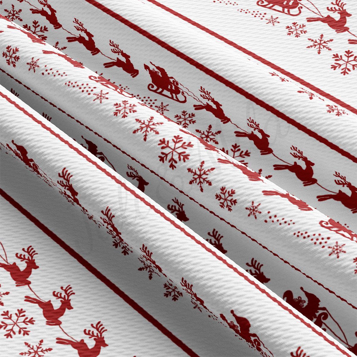 a close-up view of a fabric with a repeating pattern of red reindeer and snowflakes on a white background.