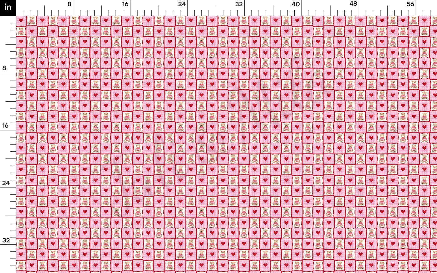 The image is a repeating pattern of pink and white squares, with the pattern being the main focus. The pattern is composed of small squares, and the image is described as a fabric print with a repeating pattern.