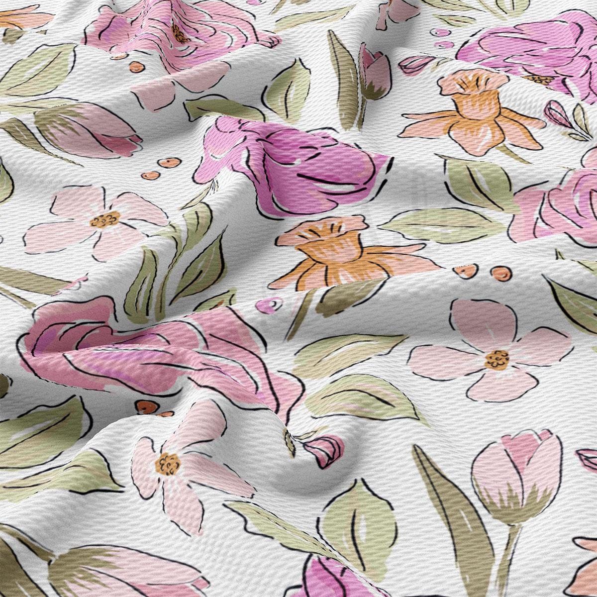 a white background with pink flowers and green leaves