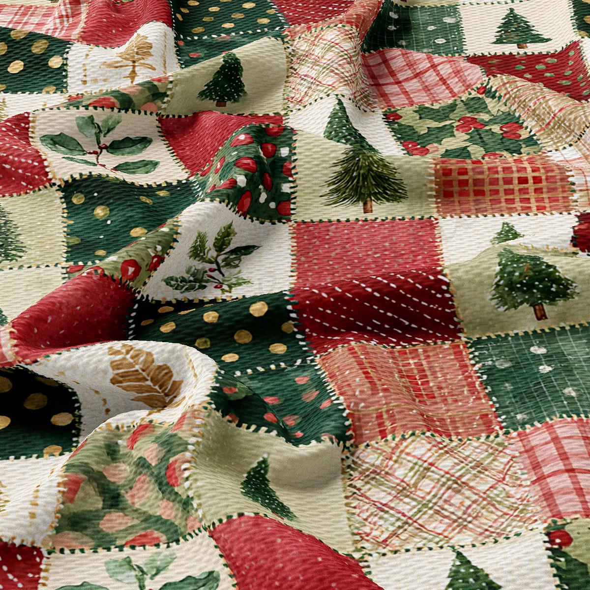 The image is a close-up of a patchwork quilt with various Christmas-themed patterns and designs, including trees, leaves, and other festive motifs.
