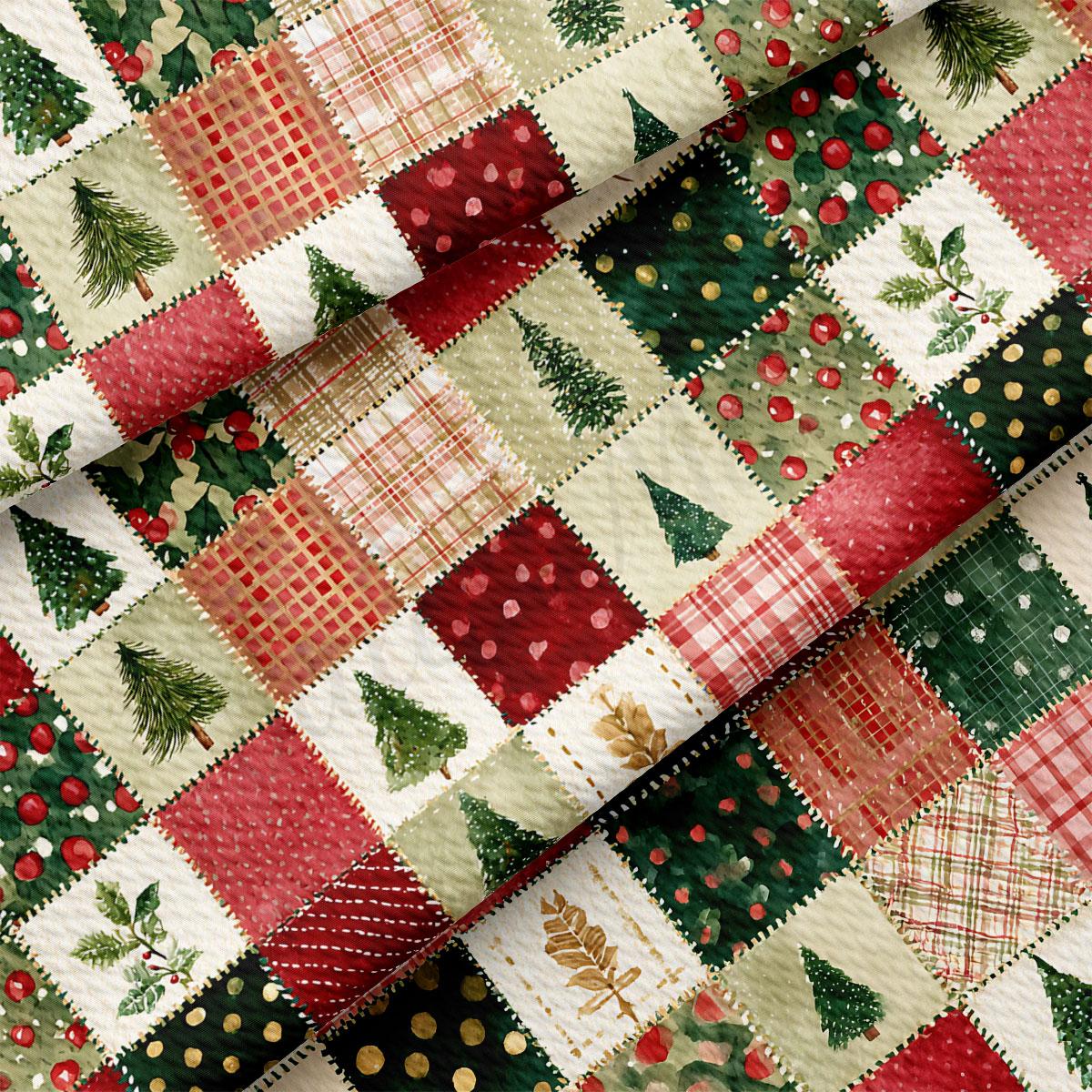 The image is a close-up of a patchwork quilt with a variety of Christmas-themed patterns and colors, including trees, berries, and plaid.