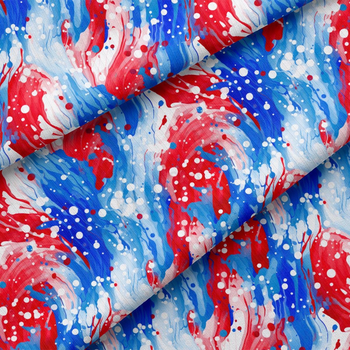 a red, white and blue fabric with white dots on it