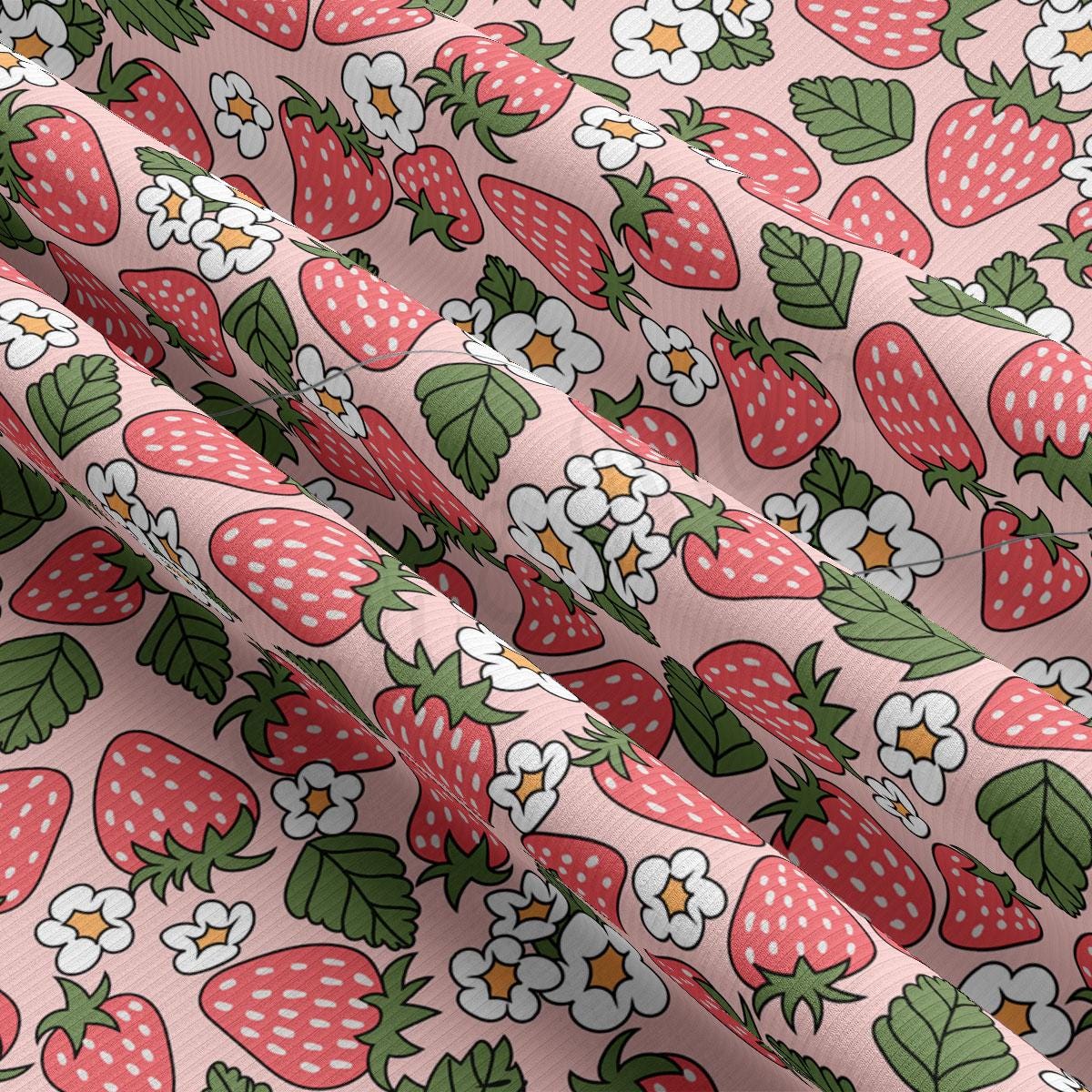 a pink background with strawberries and flowers