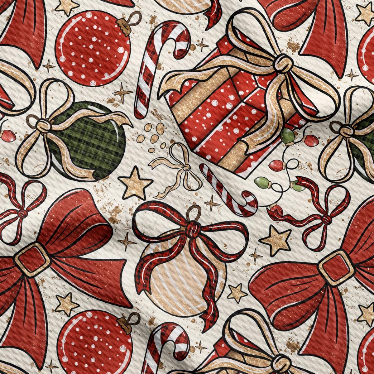 The image is a repeating pattern of various Christmas-themed objects, including red and gold bows, candy canes, ornaments, and stars, all set against a white background.