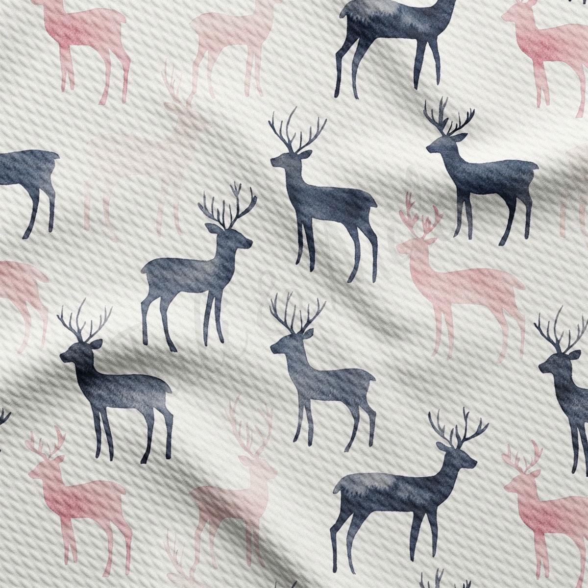 a repeating pattern of stylized deer silhouettes in shades of pink and black against a white background.