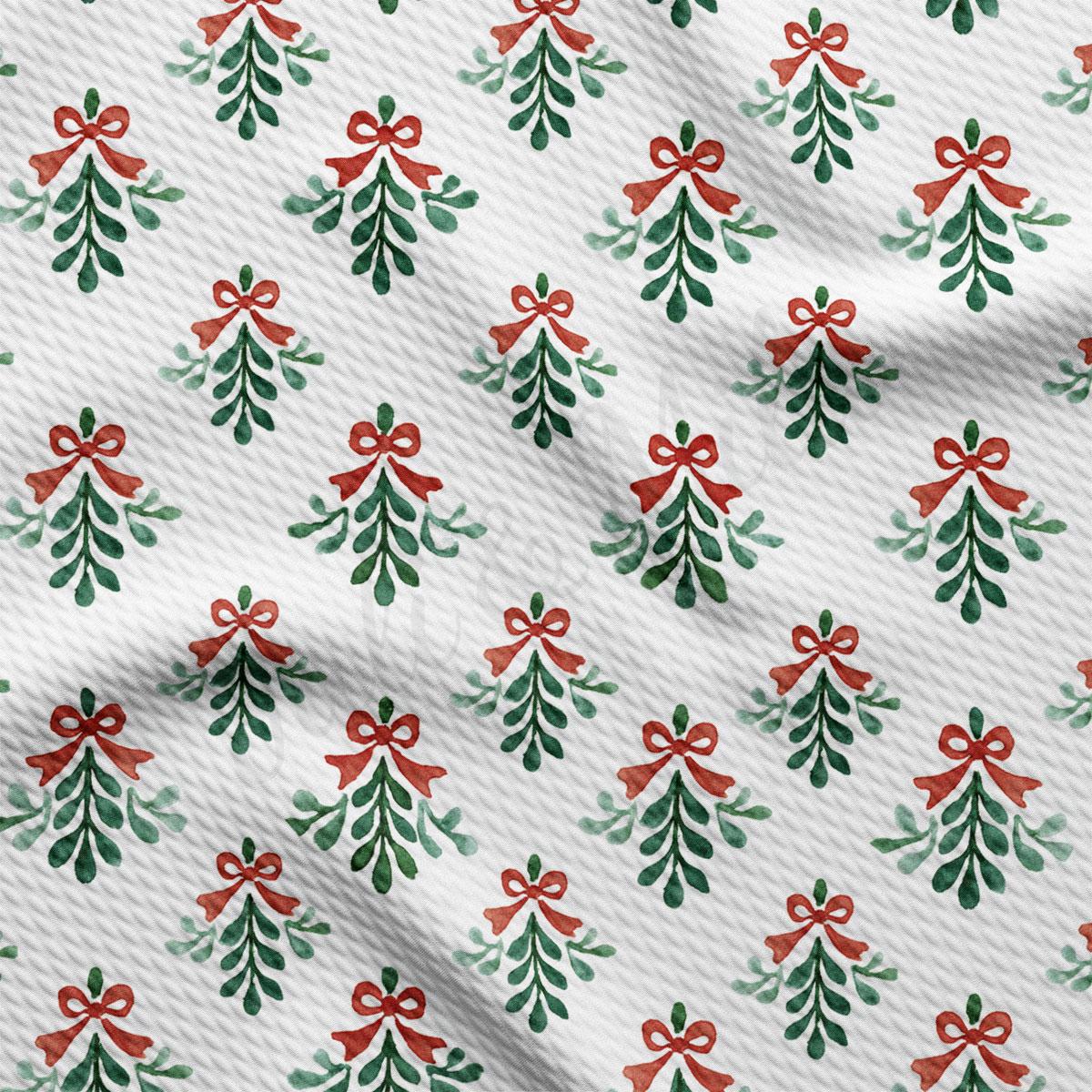 a repeating pattern of Christmas-themed designs on a white background. The pattern consists of green and red Christmas trees with red bows, creating a festive and holiday-inspired design.