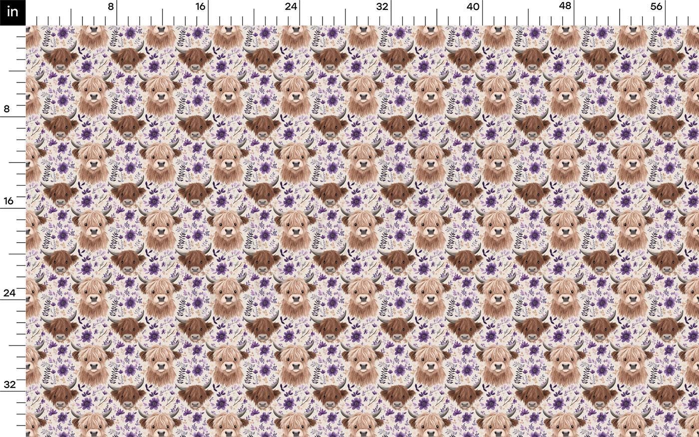 a repeating pattern of brown and white cow faces against a purple background.