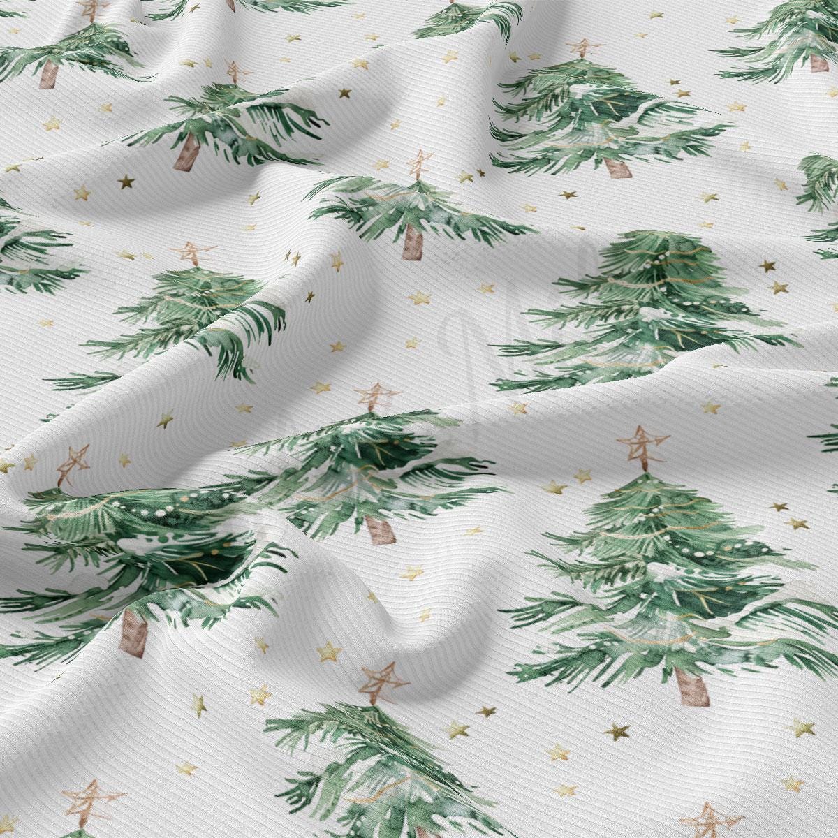 a repeating pattern of green Christmas trees with gold stars on a white background.
