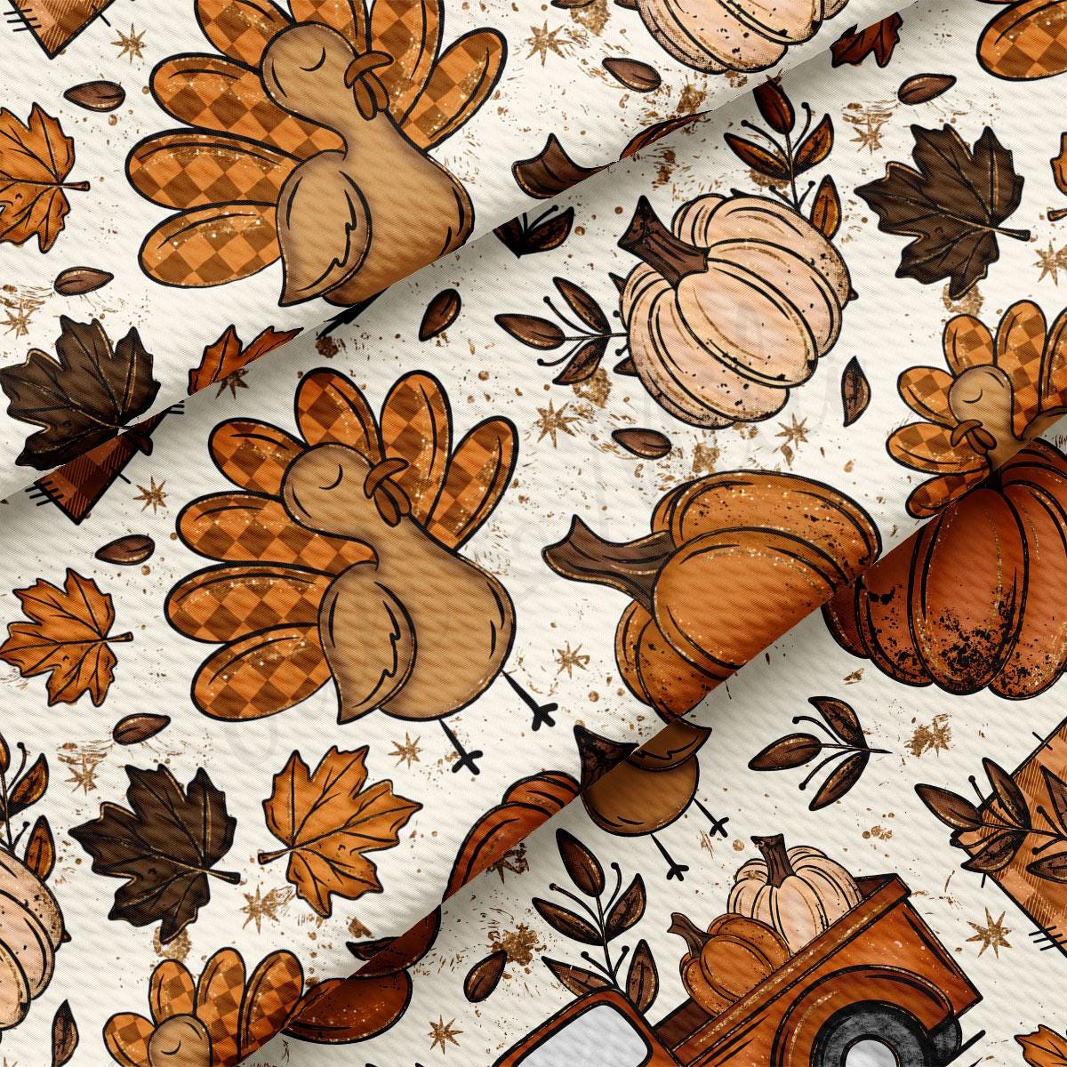 a repeating pattern of autumn-themed elements, including turkeys, pumpkins, leaves, and stars, all rendered in a stylized, hand-drawn manner.