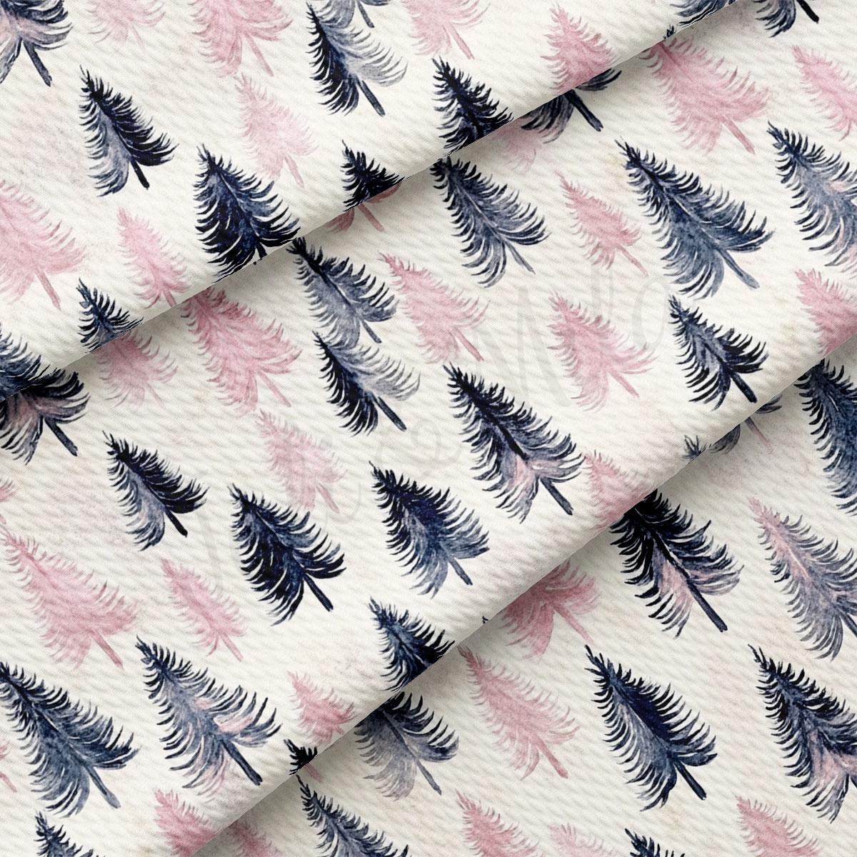a repeating pattern of stylized pine trees in shades of pink and blue against a white background.
