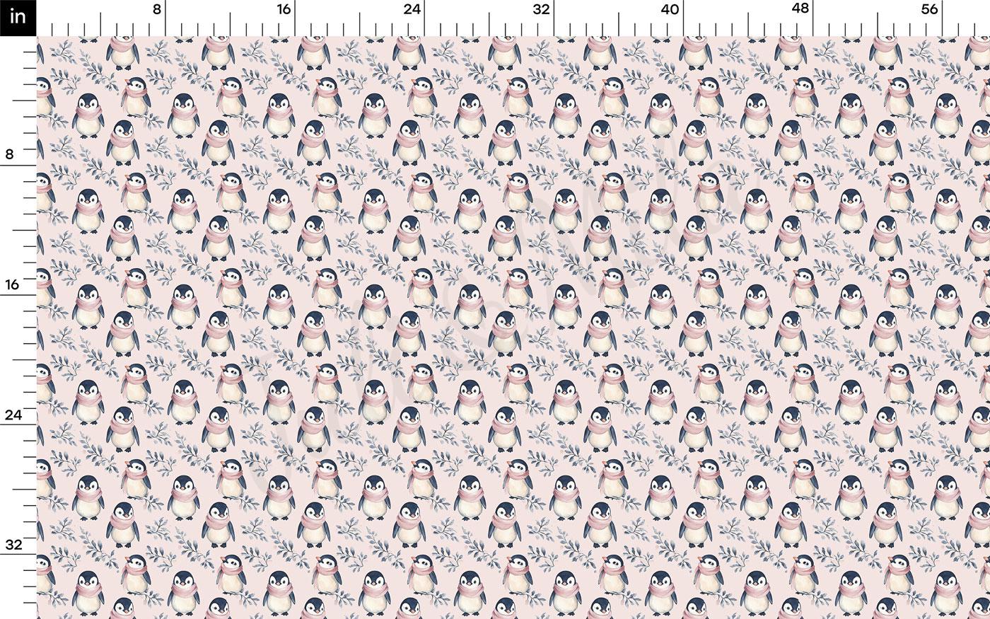 a repeating pattern of penguins on a light pink background.