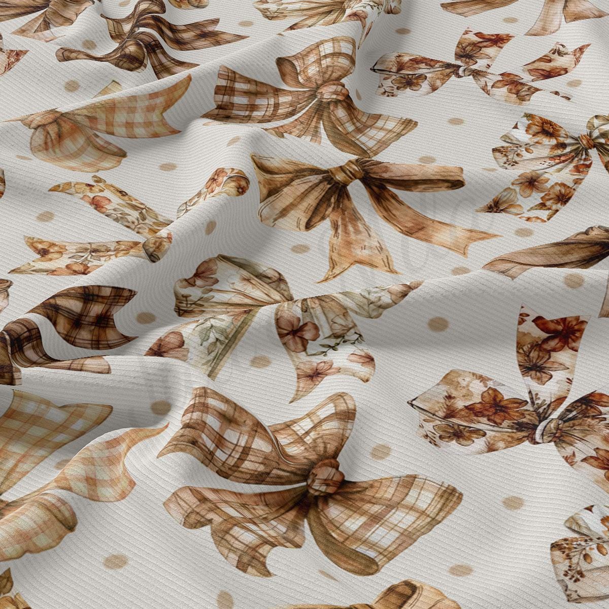a close-up view of a fabric with a repeating pattern of brown and white plaid bows against a white background. The bows are arranged in a way that creates a visually appealing and textured design.