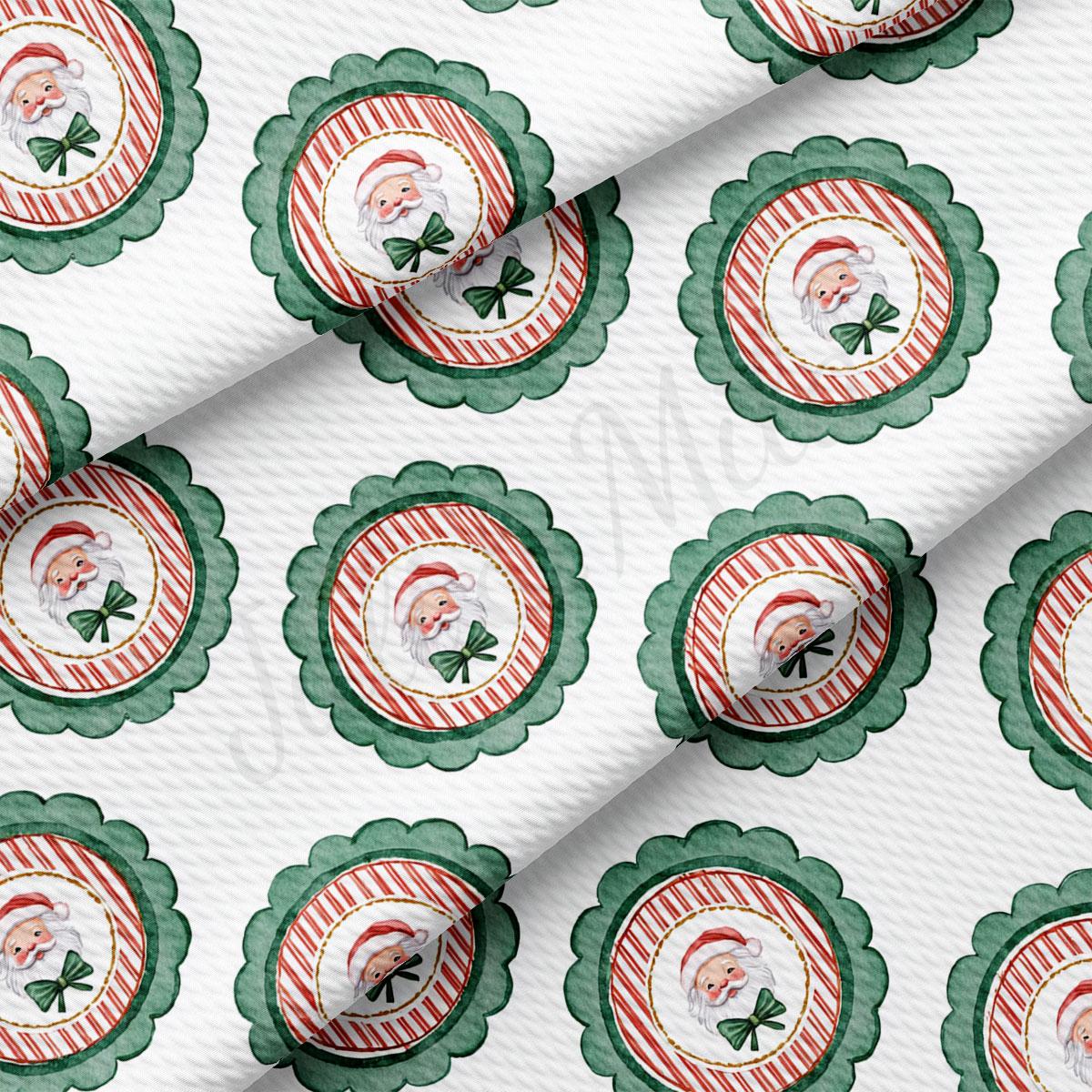 a repeating pattern of Santa Claus and green and red scalloped edges on a white background.
