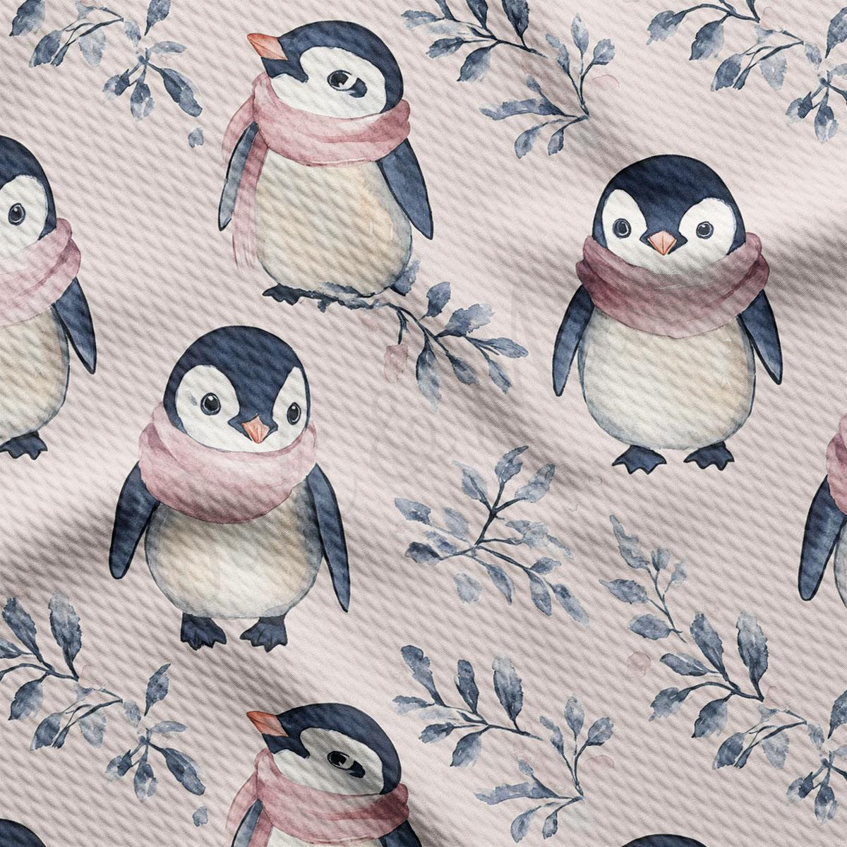 a repeating pattern of penguins wearing pink scarves, with some penguins standing and others sitting, all against a background of blue and white leaves.