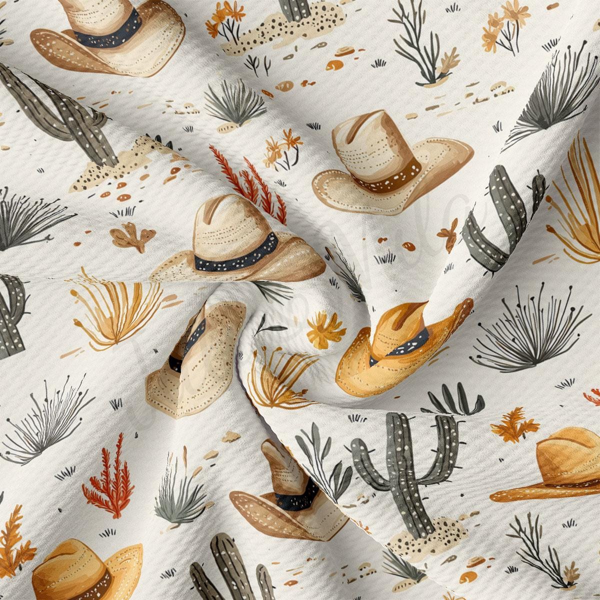 a repeating pattern of cowboy hats and cacti on a white background.