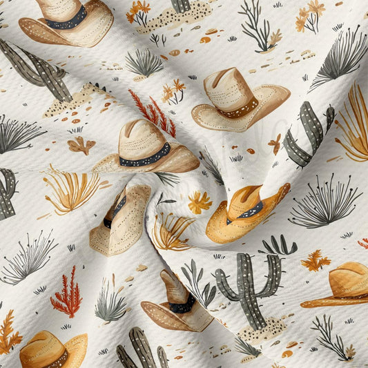 a repeating pattern of cowboy hats and cacti on a white background.