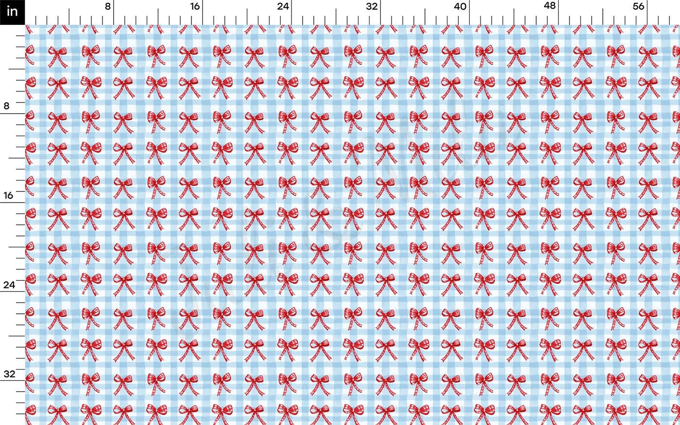 a pattern of red bows on a blue and white checkered background