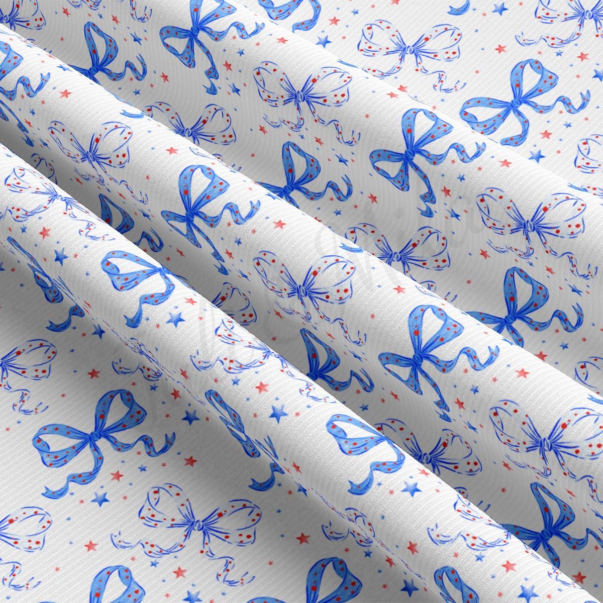 a white background with blue and red bows and stars