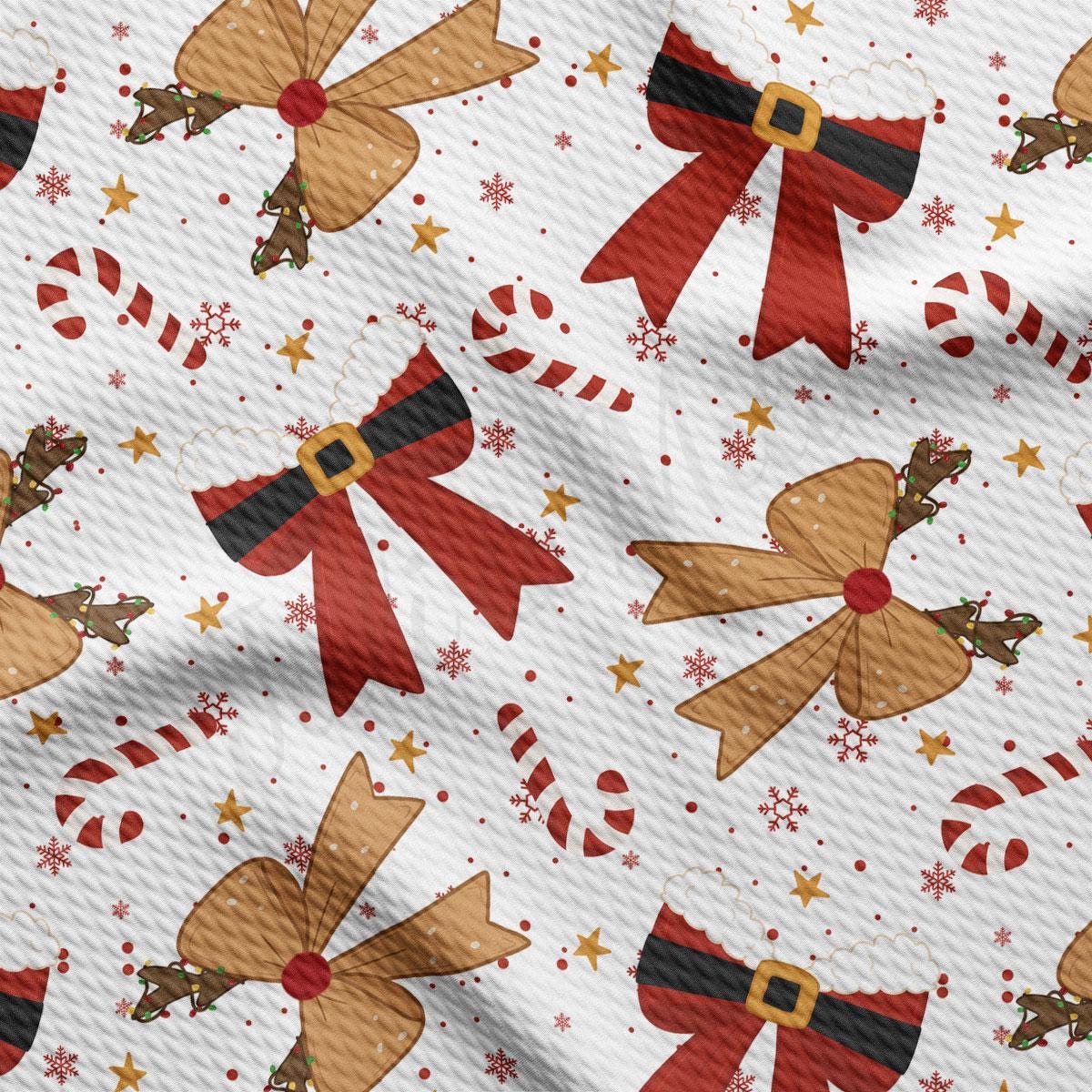 a repeating pattern of Christmas-themed elements, including bows, candy canes, and snowflakes, all set against a white background.