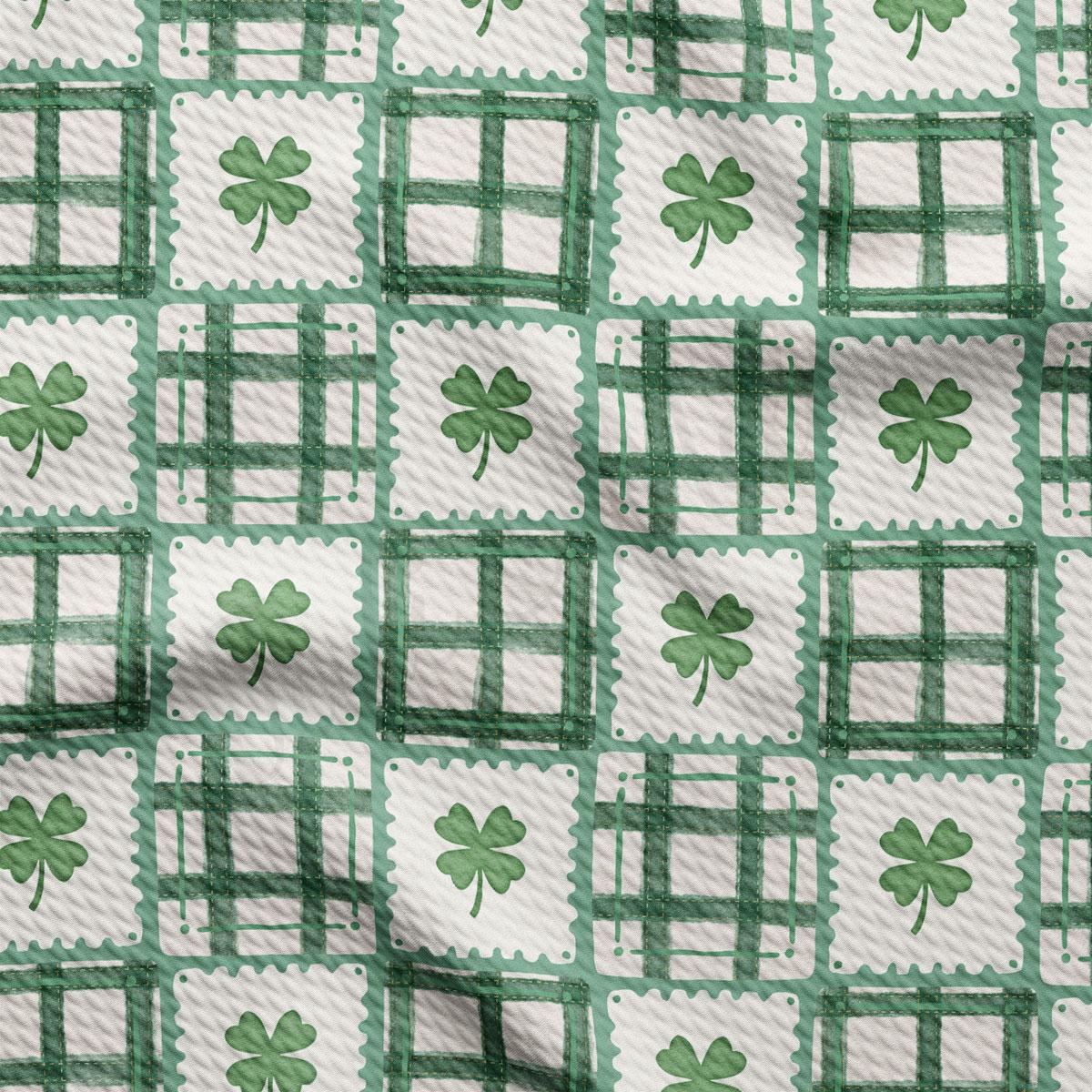 a repeating pattern of green shamrocks on a white background, creating a checkered or grid-like design.