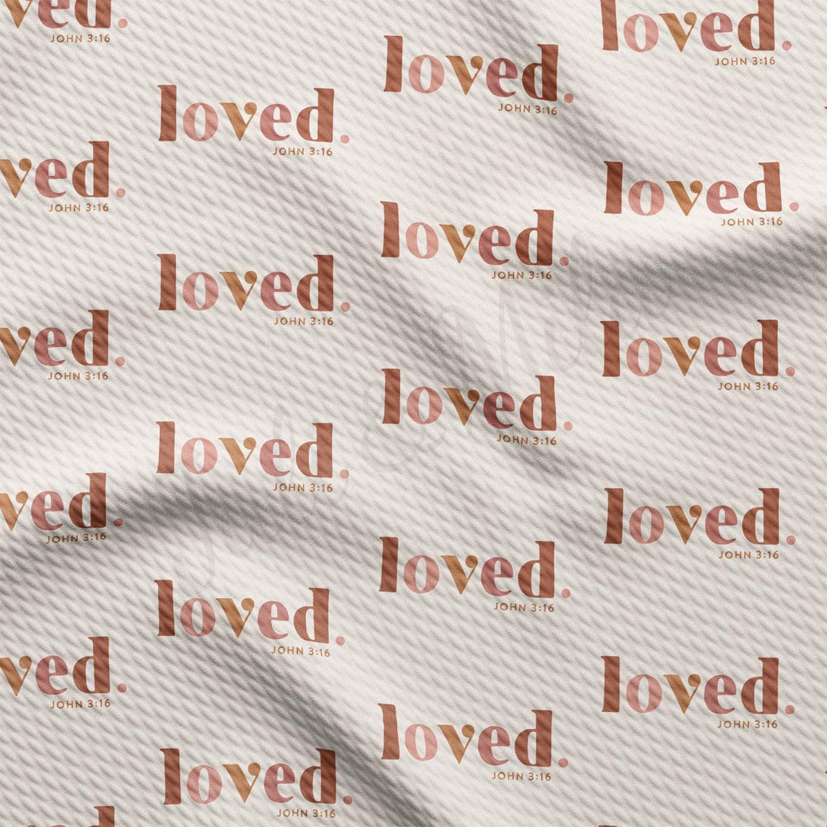 a repeating pattern of the word "loved" in a brown color, along with the text "John 3:16" below it. The pattern is printed on a fabric or material with a wrinkled texture.
