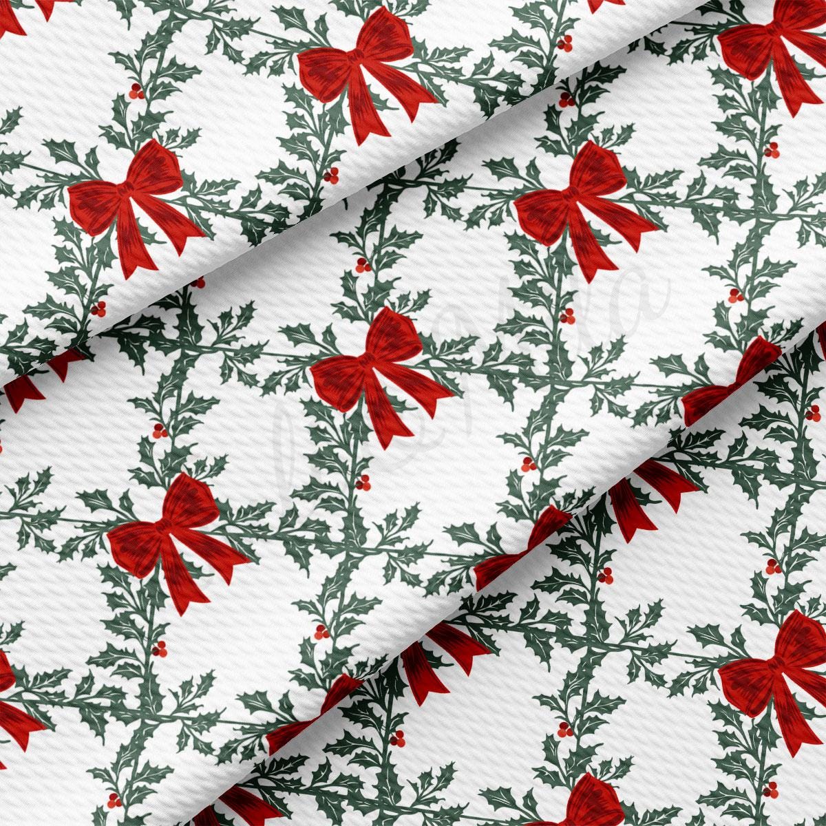 a repeating pattern of red bows on green leaves and holly branches, creating a festive and holiday-themed design.