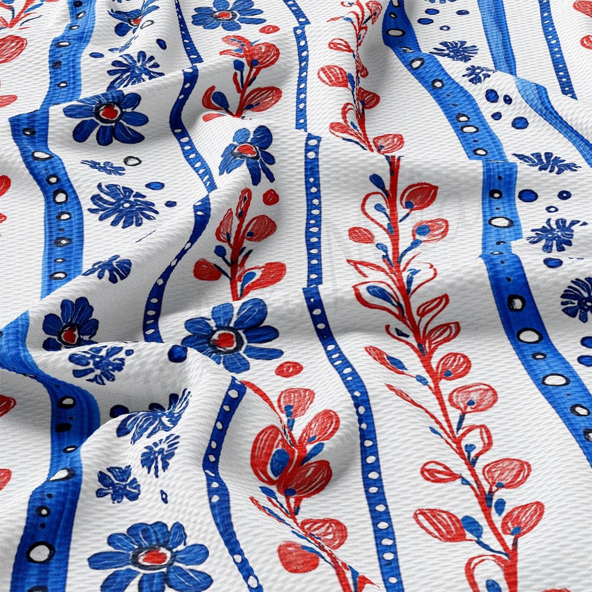 a red, white, and blue floral print fabric