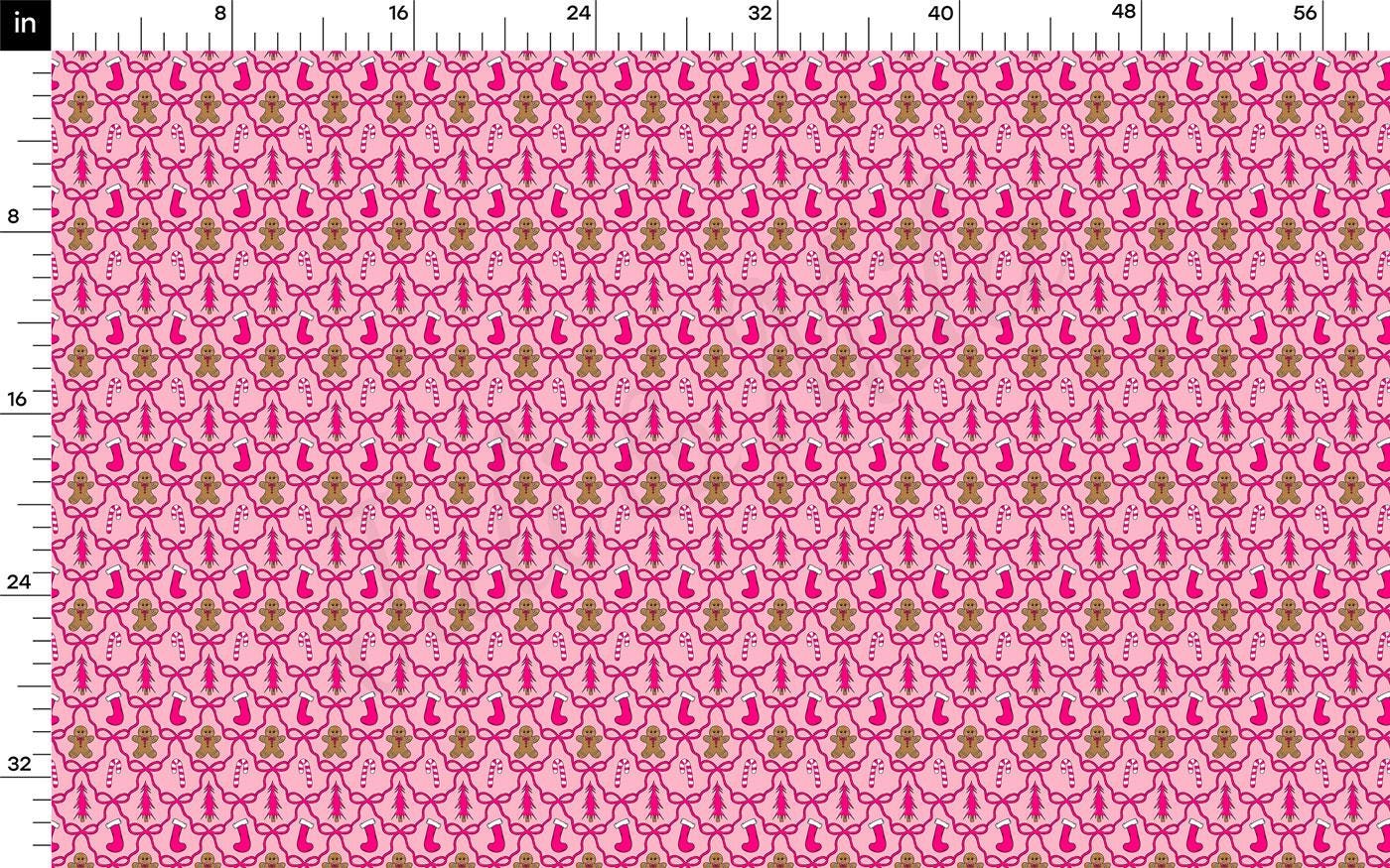 The image is a repeating pattern of pink and gold designs on a fabric surface.