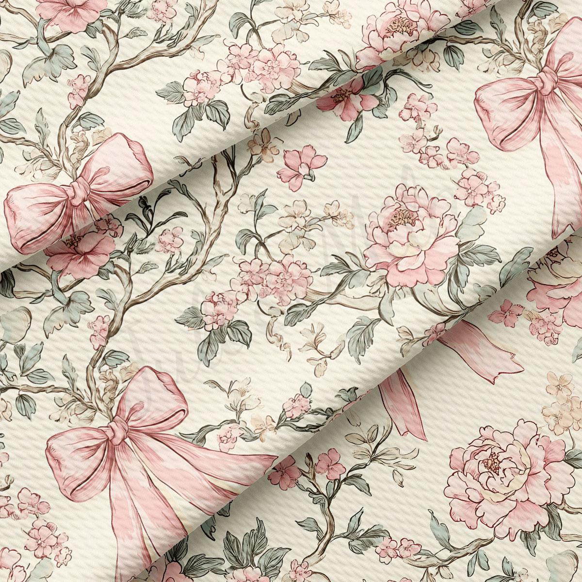 a close-up view of a fabric with a floral pattern. The pattern consists of pink flowers and bows, creating a visually appealing and delicate design. The fabric appears to be a light-colored material, possibly cotton or linen, which complements the floral motif. The image does not contain any text or other objects, and the focus is solely on the floral pattern and the fabric itself.