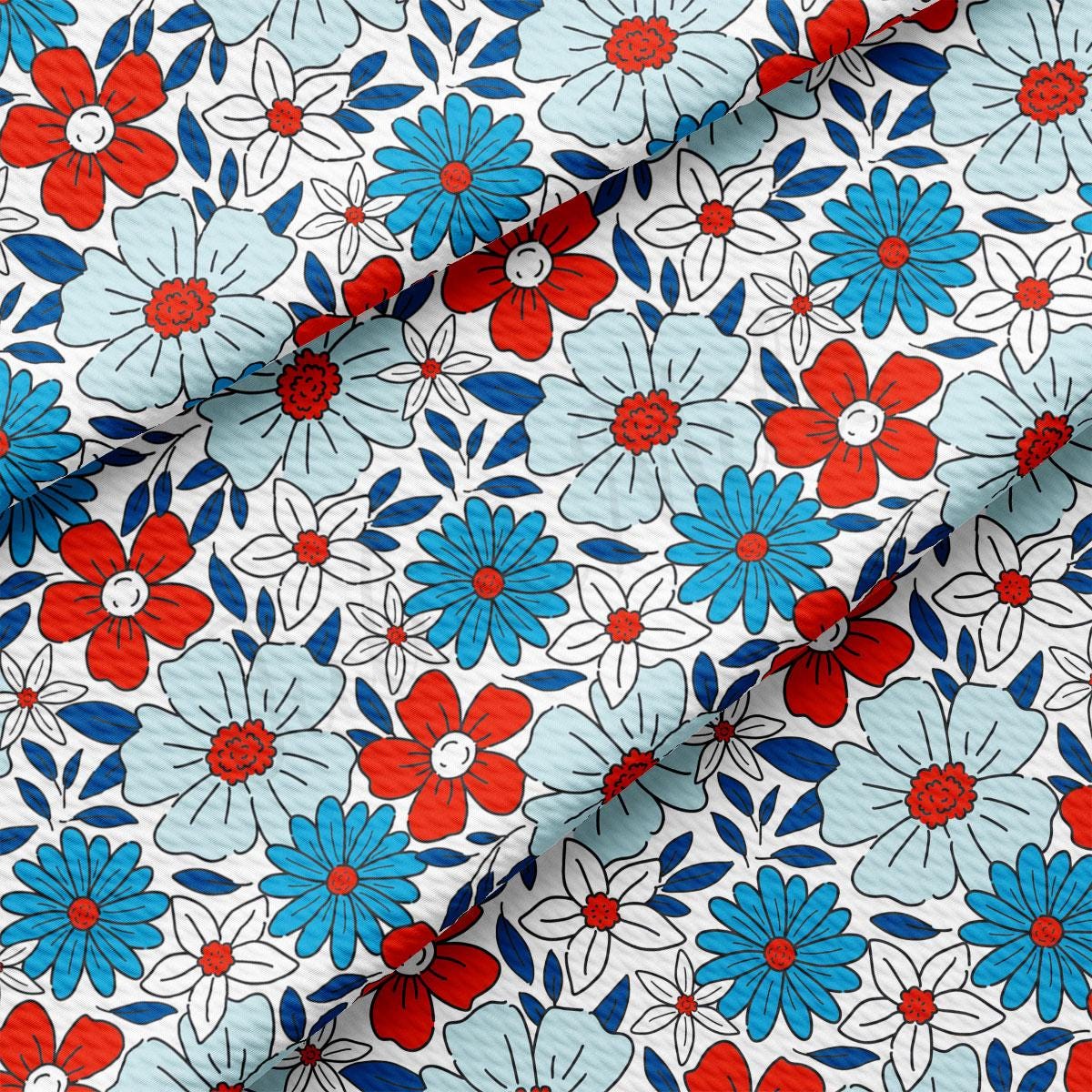 a red, white, and blue flower print fabric