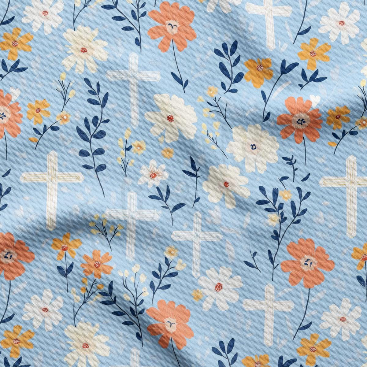 a blue background with orange and white flowers