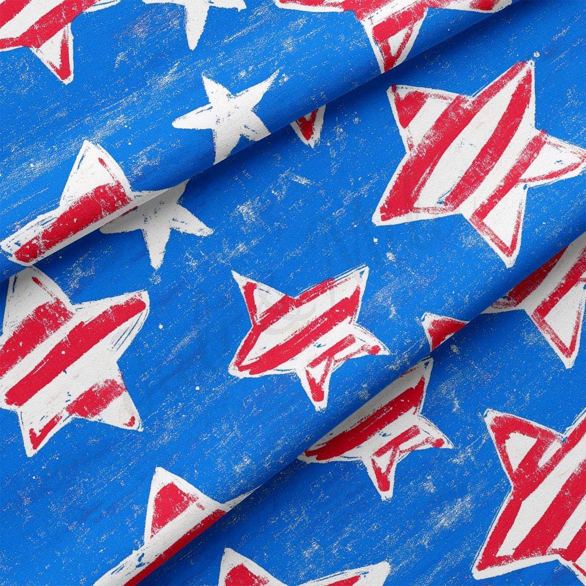 a blue background with red, white and blue stars
