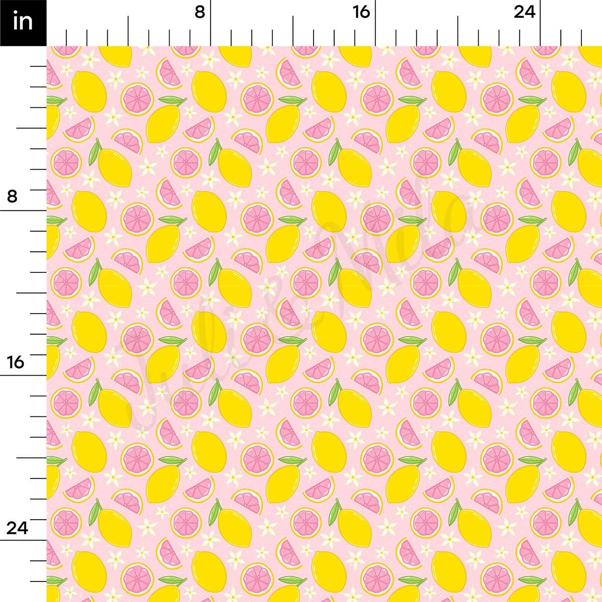a pink and yellow background with lemons and watermelon